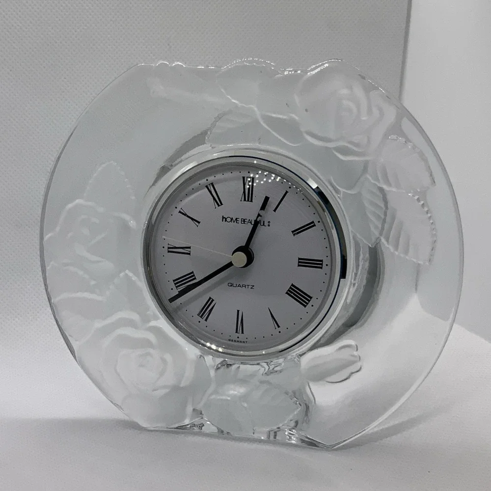 Vintage Mantel Desk Clock Home Beautiful Glass Etched Roses Japan & Quartz 5x6‎